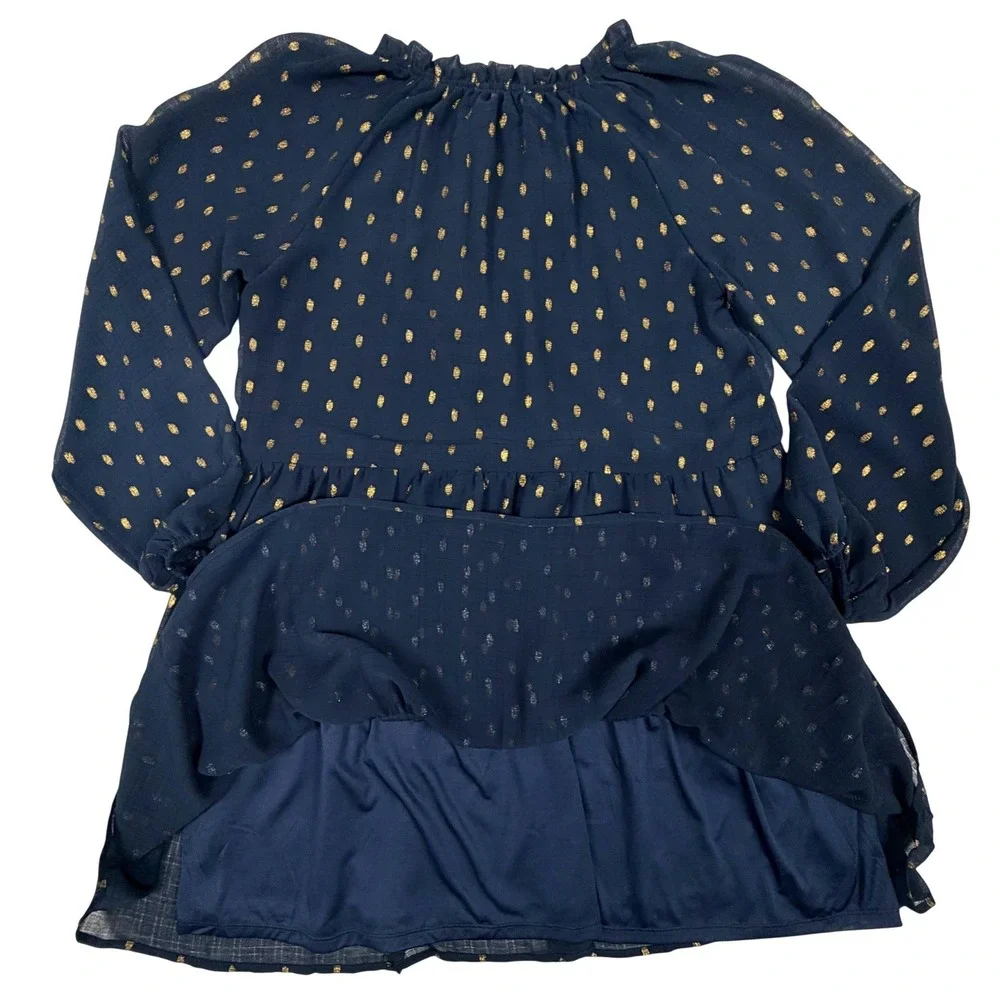 Blu Pepper Navy Blue Gold Metallic Foil Clip Dot Tiered Mini Dress Womens Medium